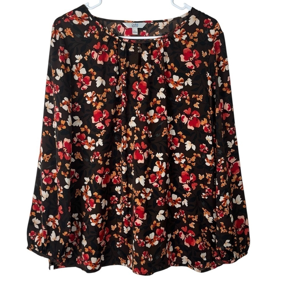 Croft & Barrow Women’s Long-Sleeved Brown Floral Dress Career Blouse Sz. Large